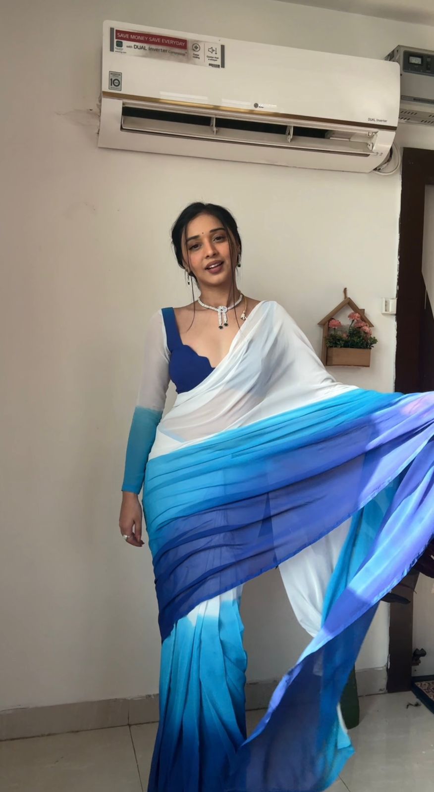 One Minute Ready To Wear Tranquil Beauty Blue and White Saree