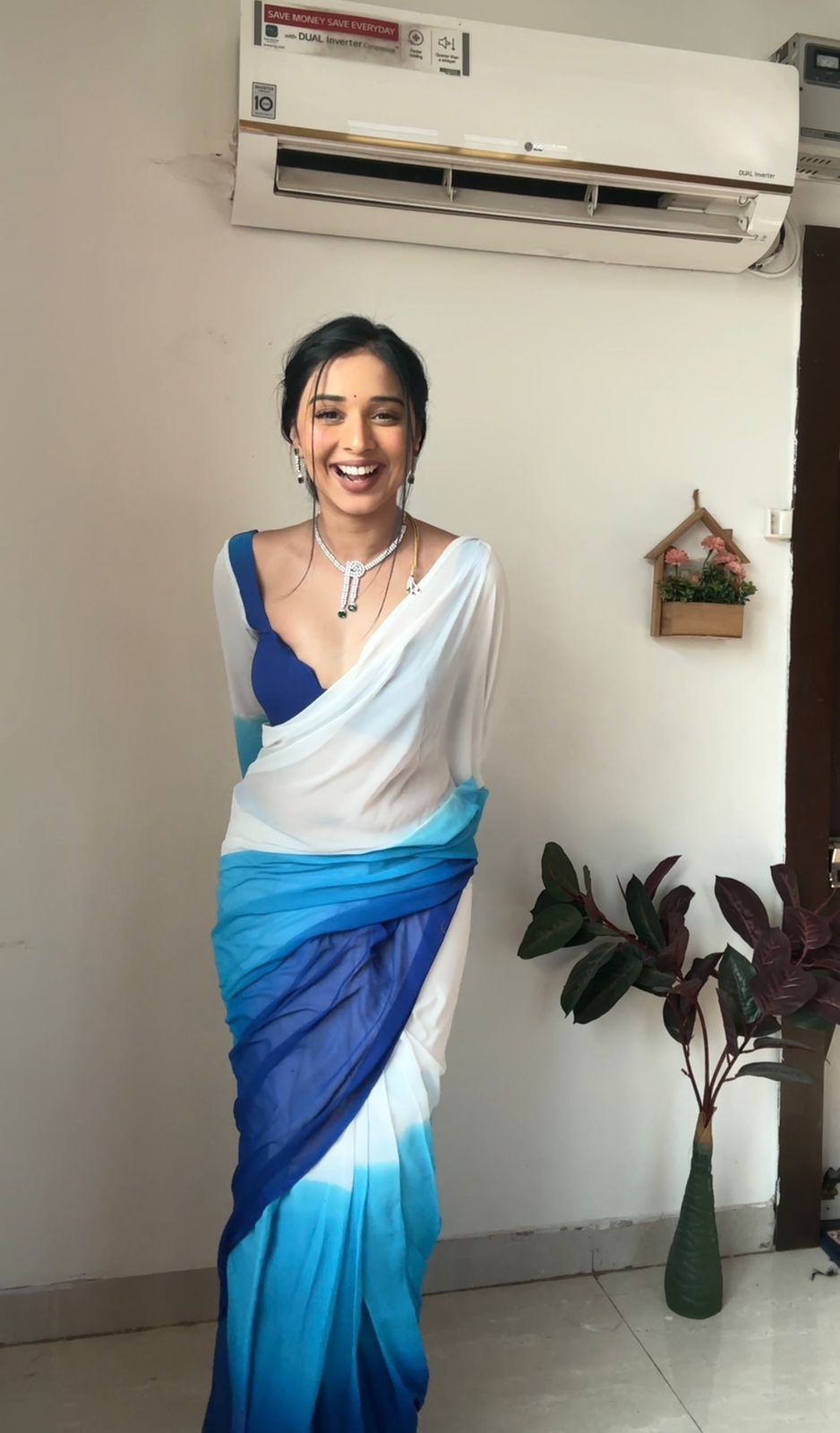 One Minute Ready To Wear Tranquil Beauty Blue and White Saree