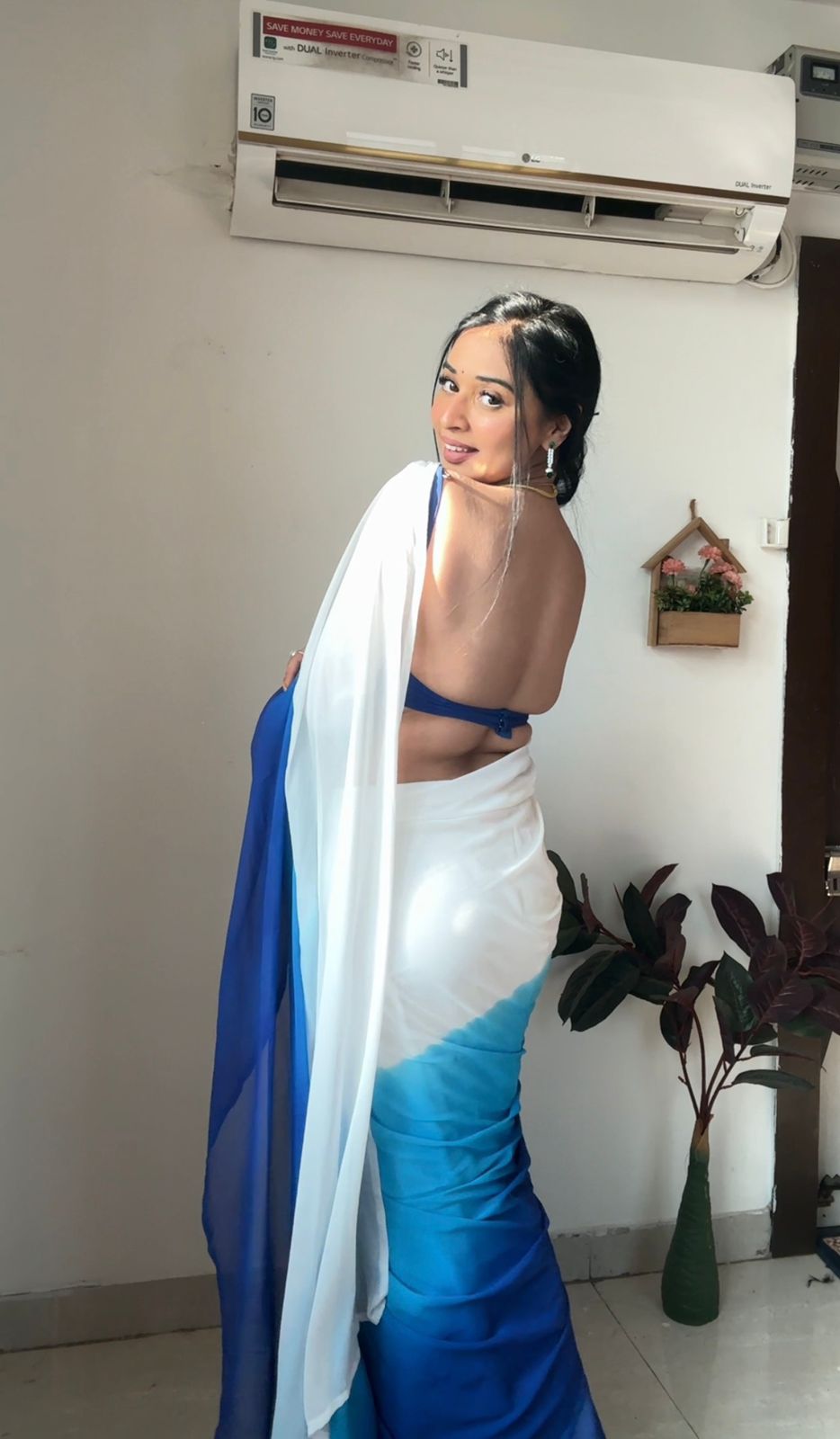 One Minute Ready To Wear Tranquil Beauty Blue and White Saree