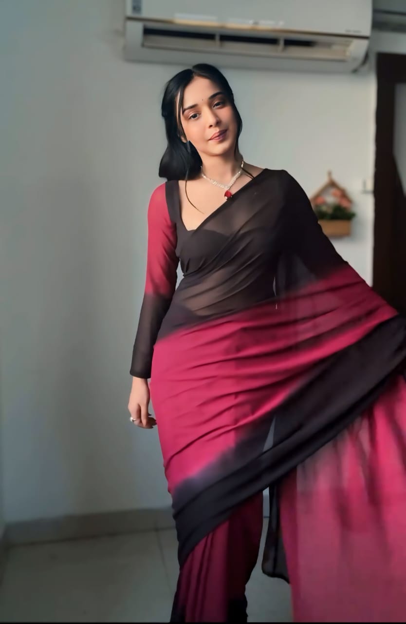 One Minute Ready To Wear Dazzling Contrast Pink and Black Drapes Saree