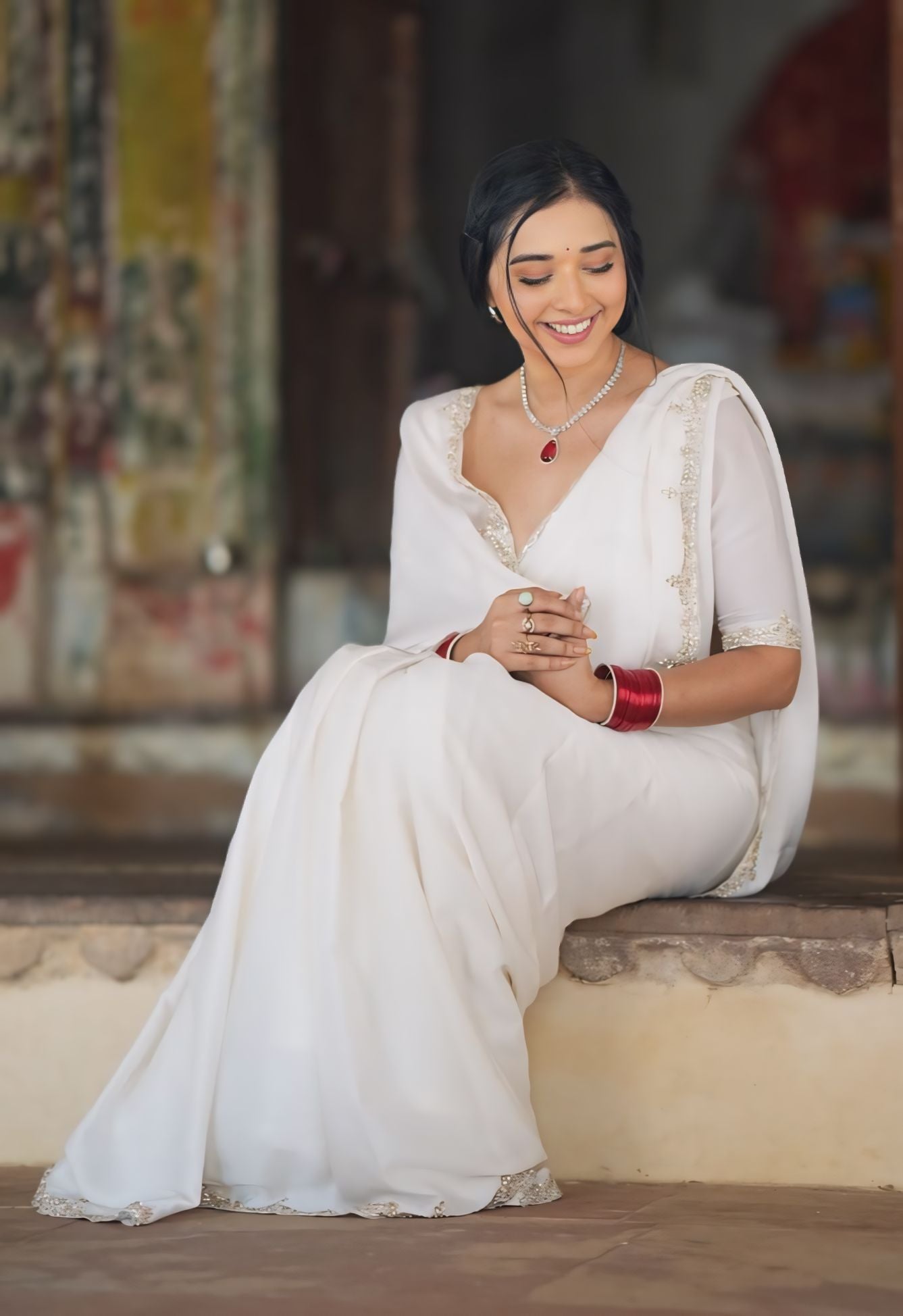 One Minute Ready To Wear Classic Graceful Elegance White Saree With Stitch Blouse