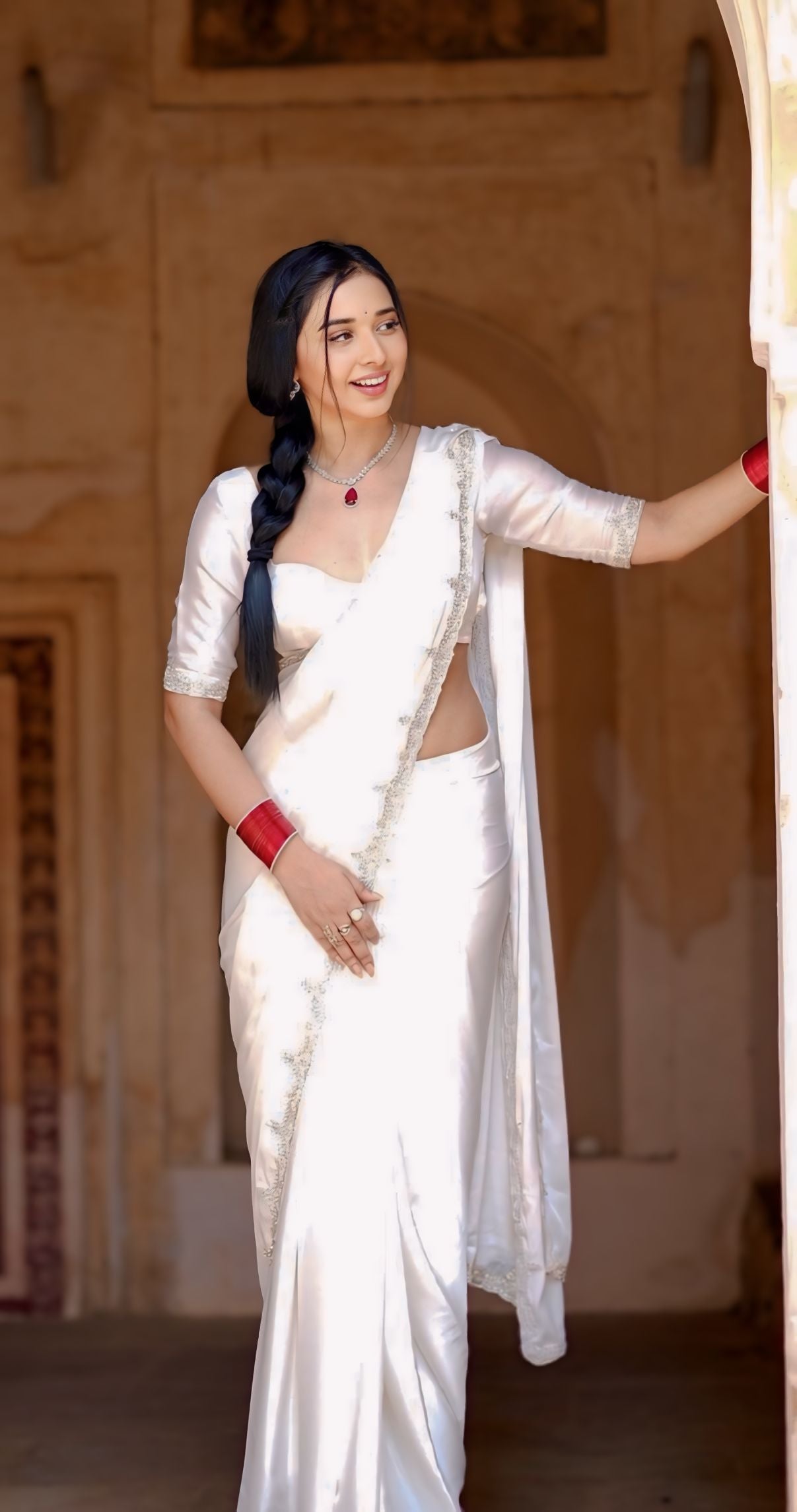 One Minute Ready To Wear Classic Graceful Elegance White Saree With Stitch Blouse