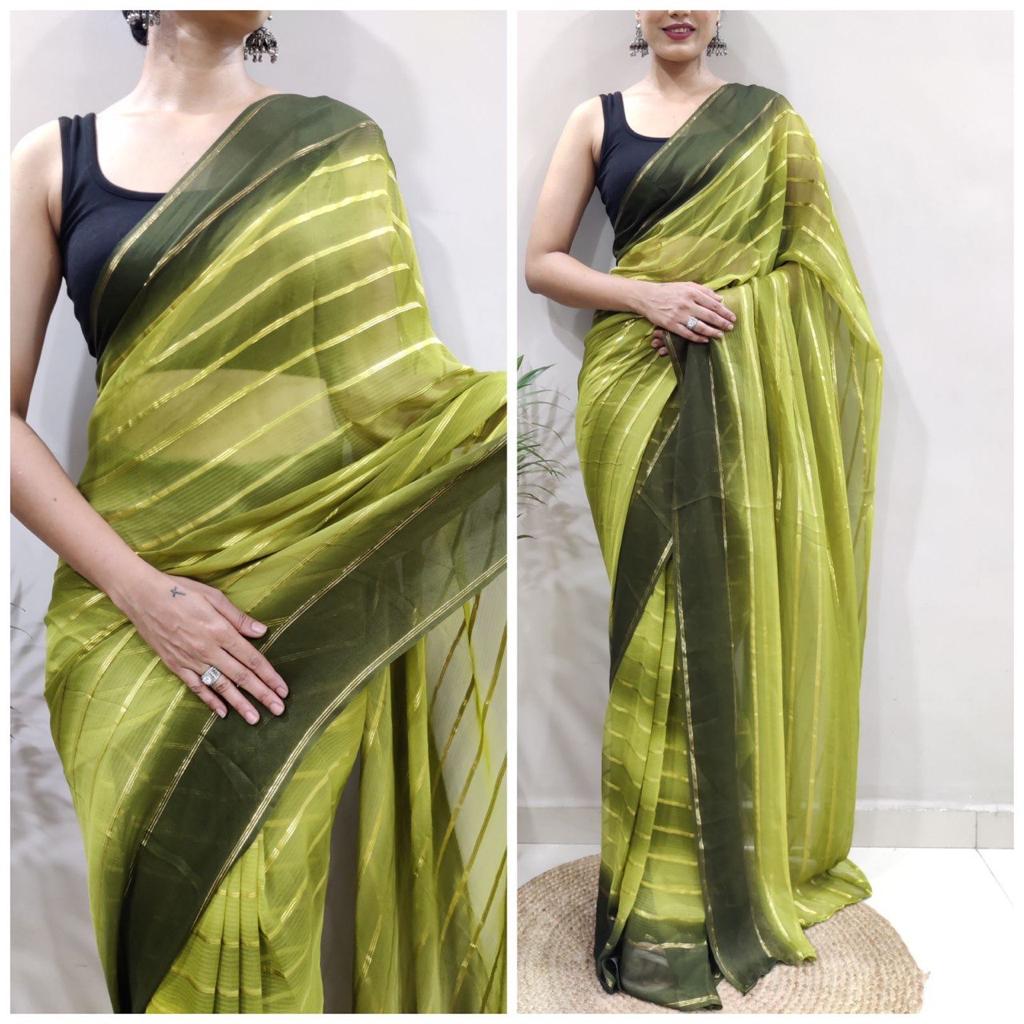 One Minute Ready To Wear Light Green Pure Soft Georgette With Satin Zari Patta Saree