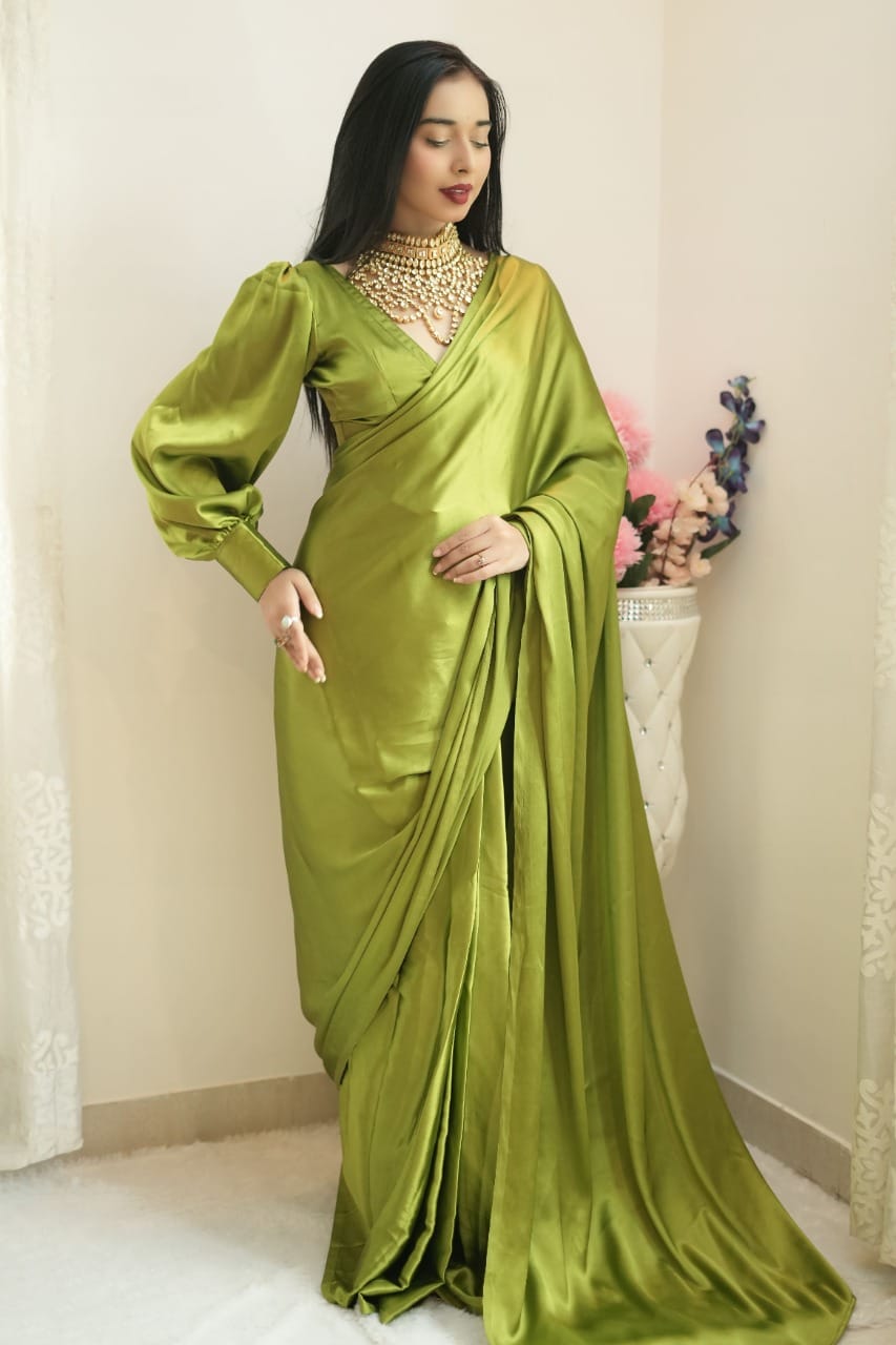 One Minute Ready To Wear Green Long Sleeves Elegant Party Wear Saree