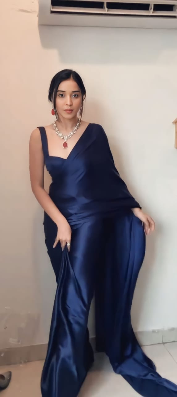 One Minute Ready To Wear Blue Long Sleeves Elegant Party Wear Saree