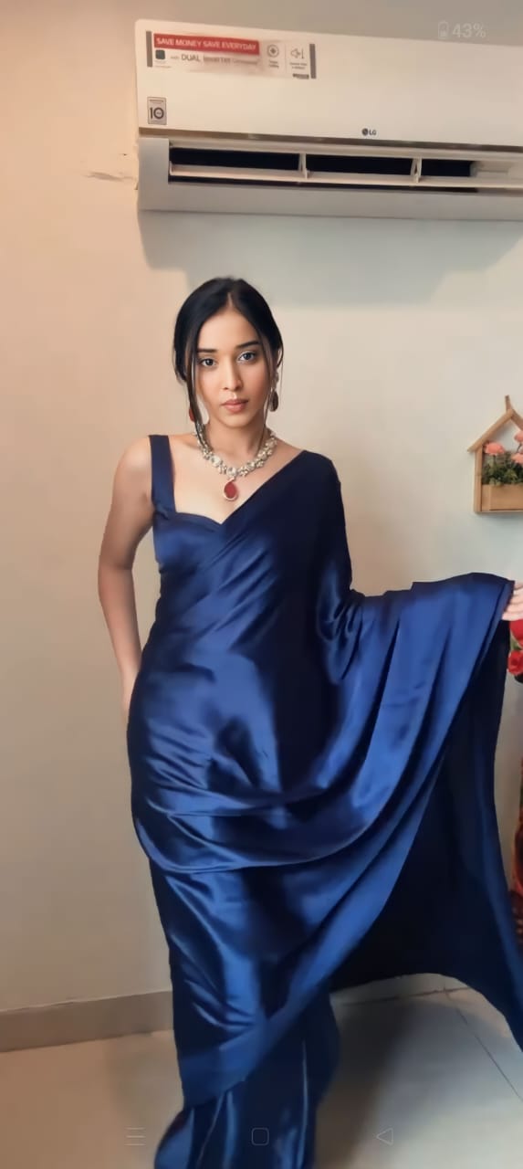 One Minute Ready To Wear Blue Long Sleeves Elegant Party Wear Saree