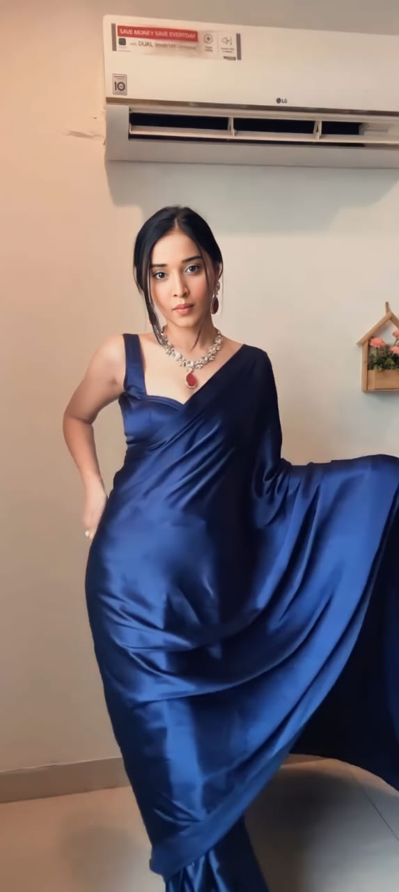 One Minute Ready To Wear Blue Long Sleeves Elegant Party Wear Saree