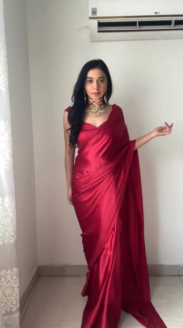 One Minute Ready To Wear Red Long Sleeves Elegant Party Wear Saree