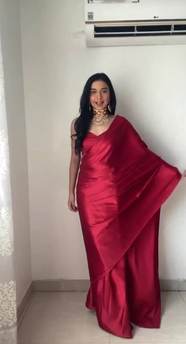 One Minute Ready To Wear Red Long Sleeves Elegant Party Wear Saree