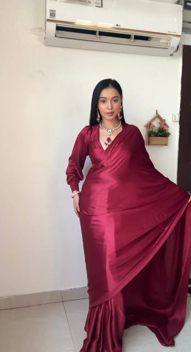 One Minute Ready To Wear Pink Long Sleeves Elegant Party Wear Saree