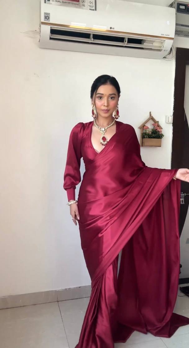 One Minute Ready To Wear Pink Long Sleeves Elegant Party Wear Saree