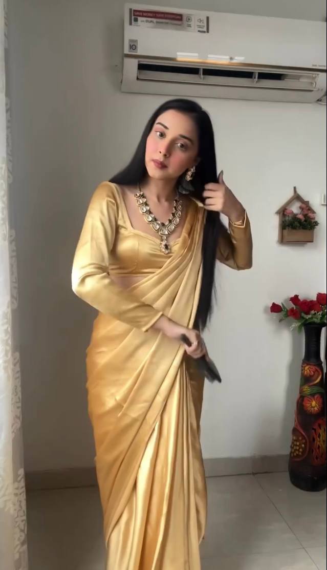 One Minute Ready To Wear Chiku Long Sleeves Elegant Party Wear Saree