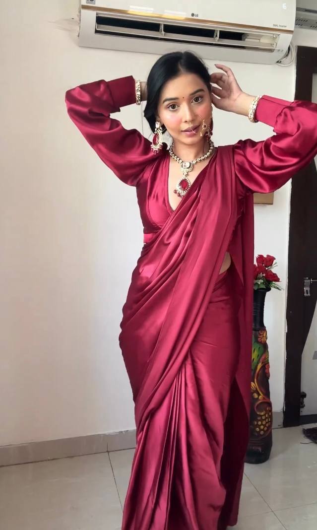 One Minute Ready To Wear Pink Long Sleeves Elegant Party Wear Saree