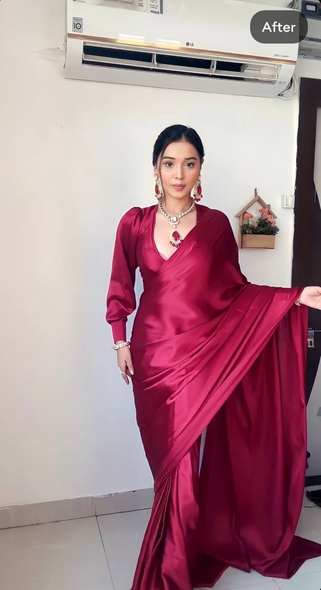 One Minute Ready To Wear Pink Long Sleeves Elegant Party Wear Saree
