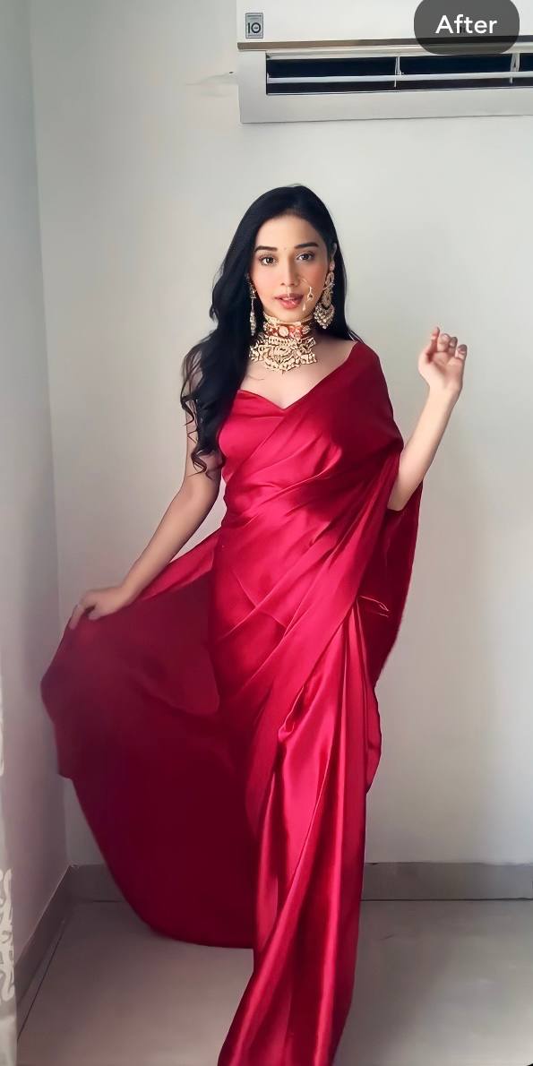 One Minute Ready To Wear Red Long Sleeves Elegant Party Wear Saree