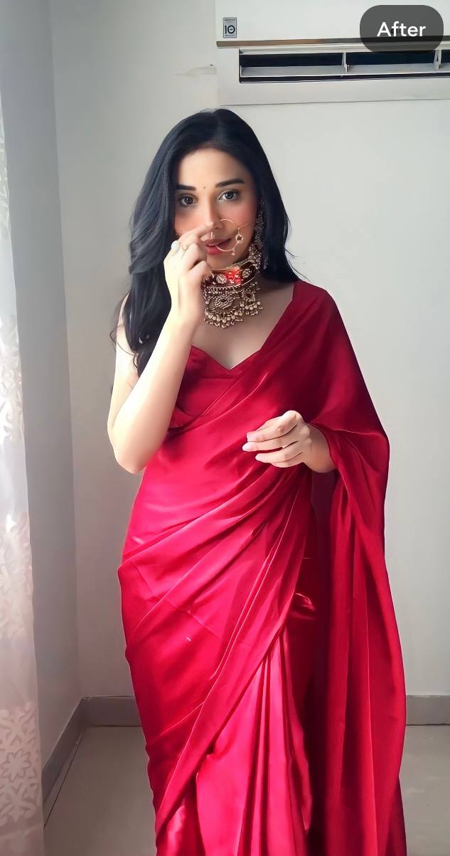 One Minute Ready To Wear Red Long Sleeves Elegant Party Wear Saree