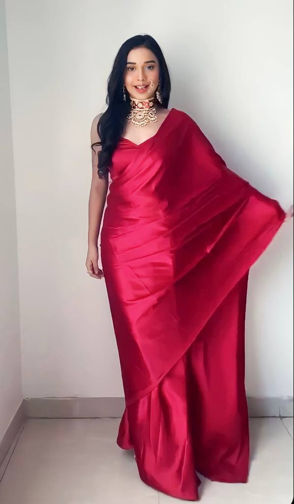 One Minute Ready To Wear Red Long Sleeves Elegant Party Wear Saree
