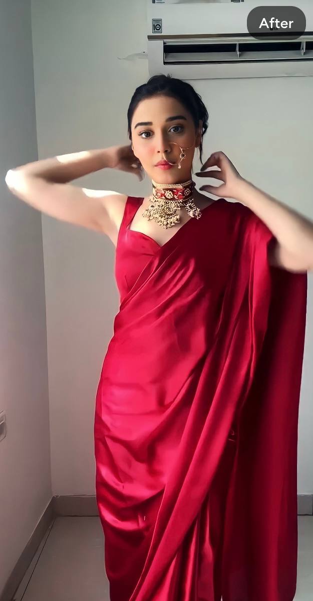 One Minute Ready To Wear Red Long Sleeves Elegant Party Wear Saree