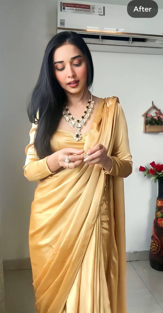 One Minute Ready To Wear Chiku Long Sleeves Elegant Party Wear Saree