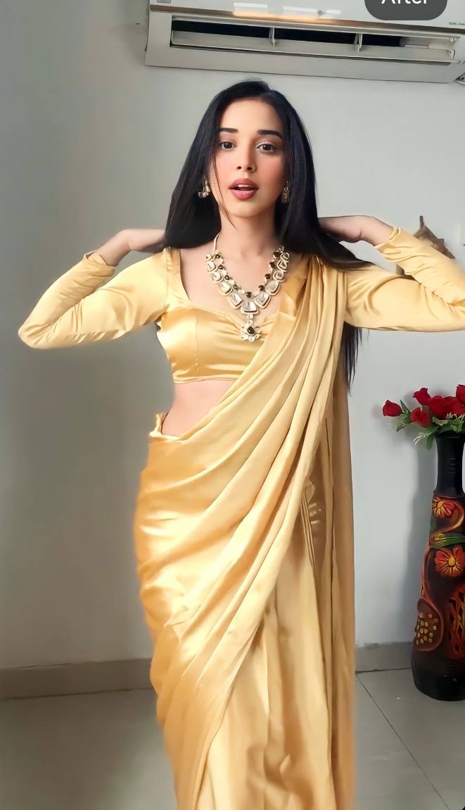 One Minute Ready To Wear Chiku Long Sleeves Elegant Party Wear Saree