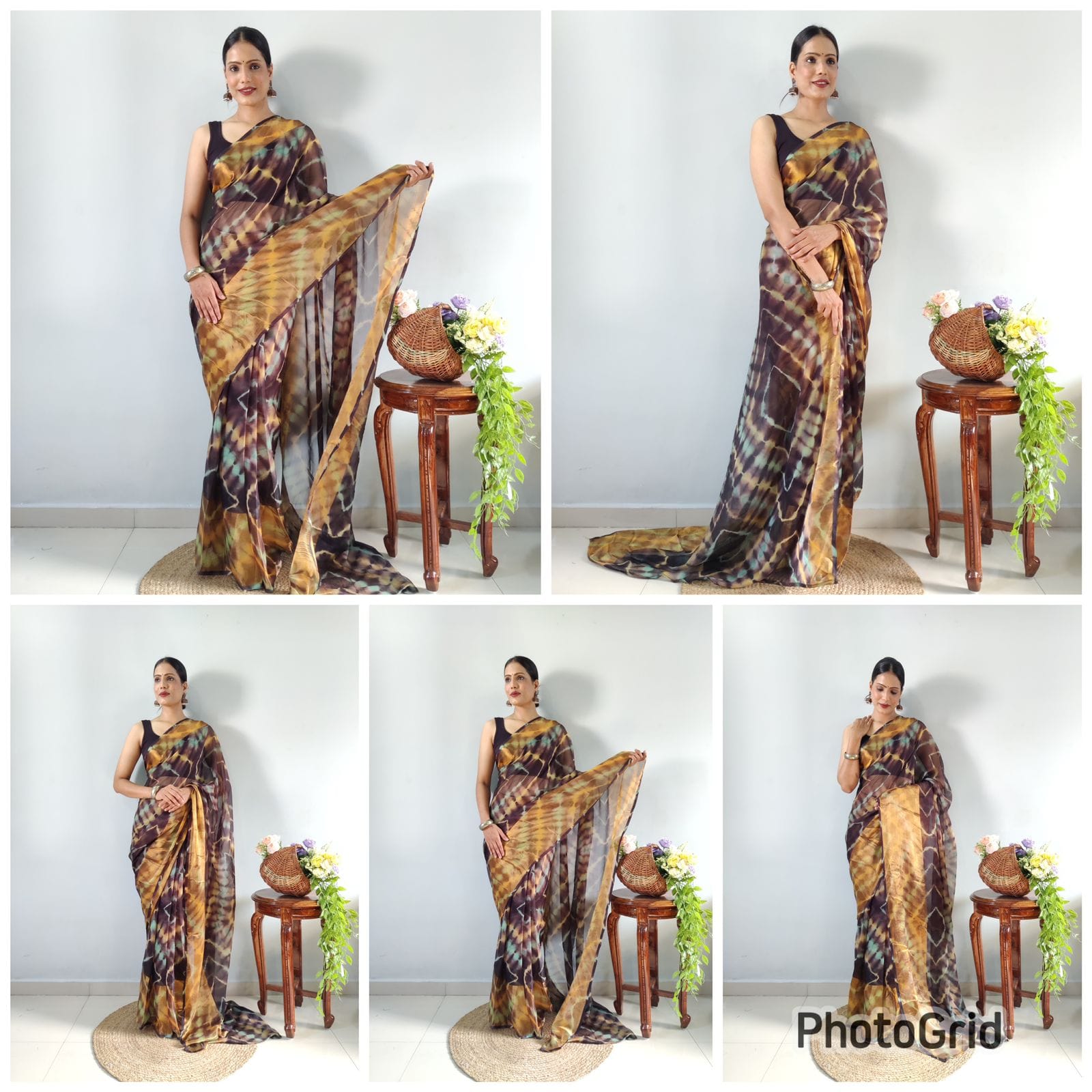 One Minute Ready To Wear Brown with Yellow Printed Saree