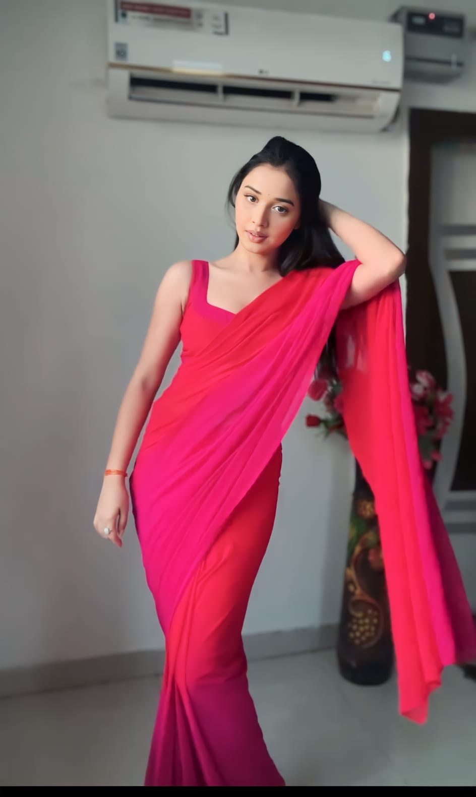 One Minute Ready To Wear Red Ombre Georgette Saree