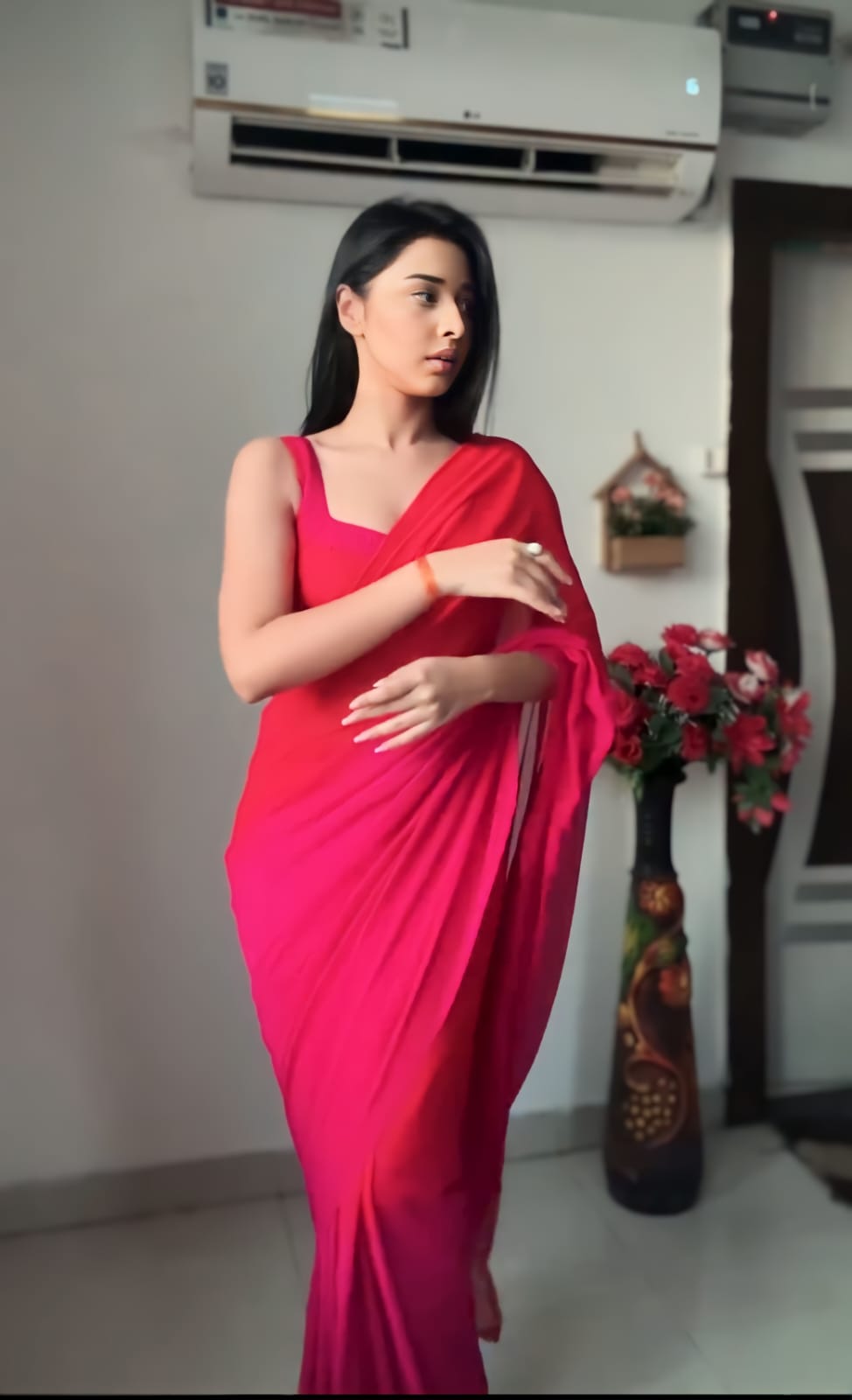 One Minute Ready To Wear Red Ombre Georgette Saree