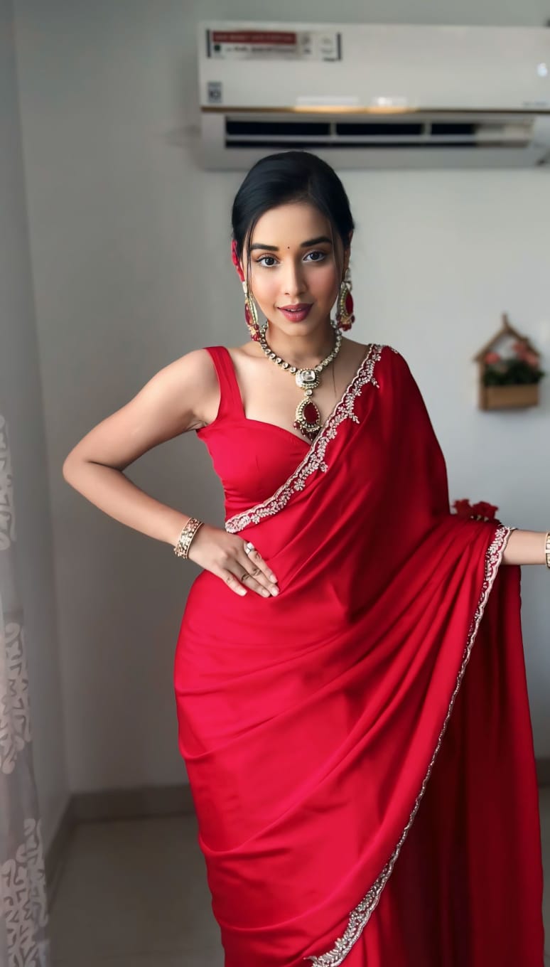 One Minute Ready To Wear Classic Graceful Elegance Red Saree With Stitch Blouse