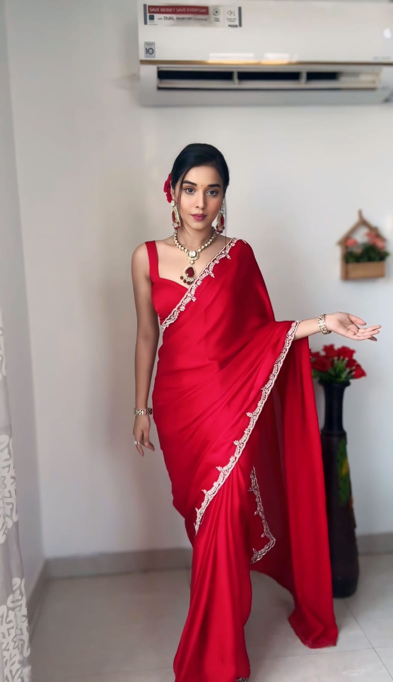One Minute Ready To Wear Classic Graceful Elegance Red Saree With Stitch Blouse
