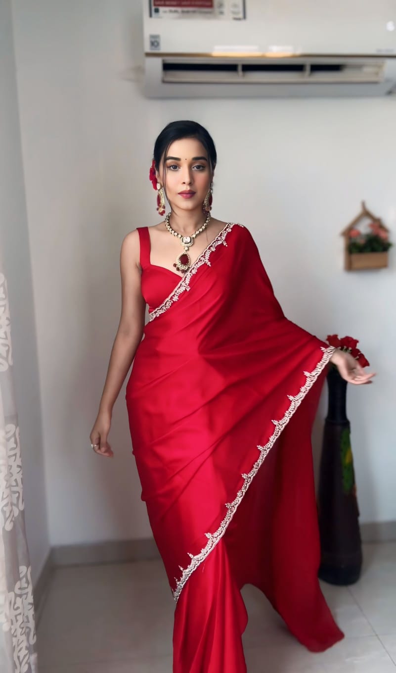 One Minute Ready To Wear Classic Graceful Elegance Red Saree With Stitch Blouse