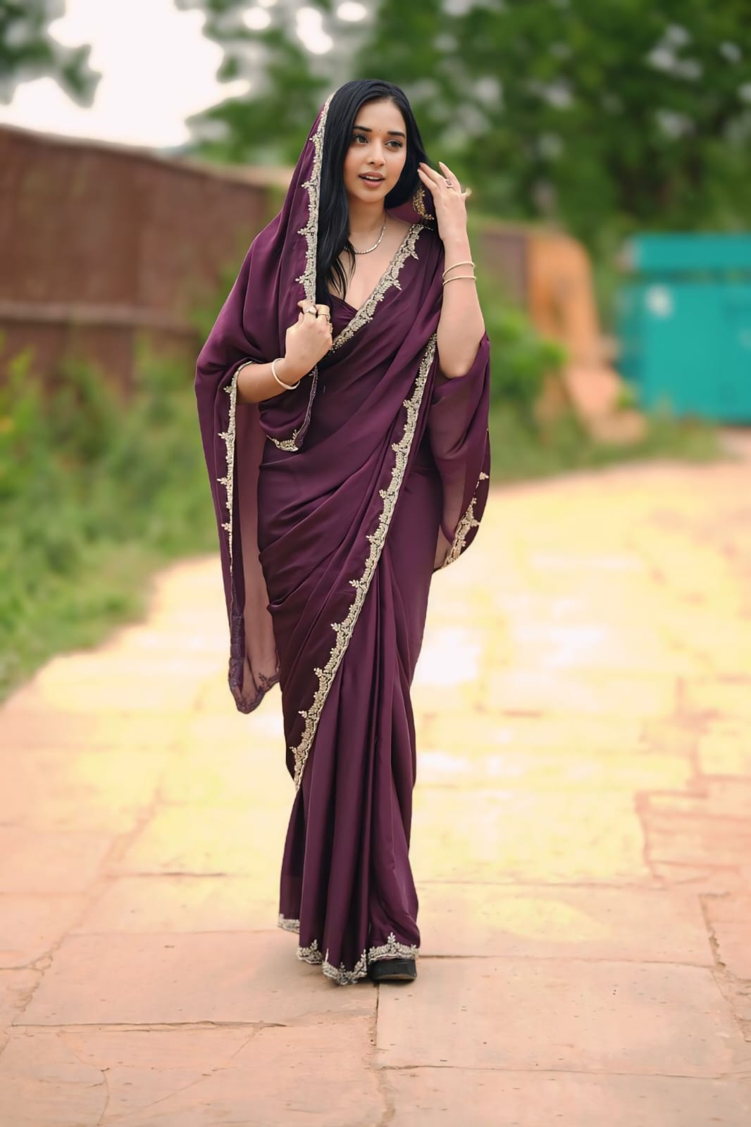 One Minute Ready To Wear Classic Graceful Elegance Satin Saree With Stitch Blouse