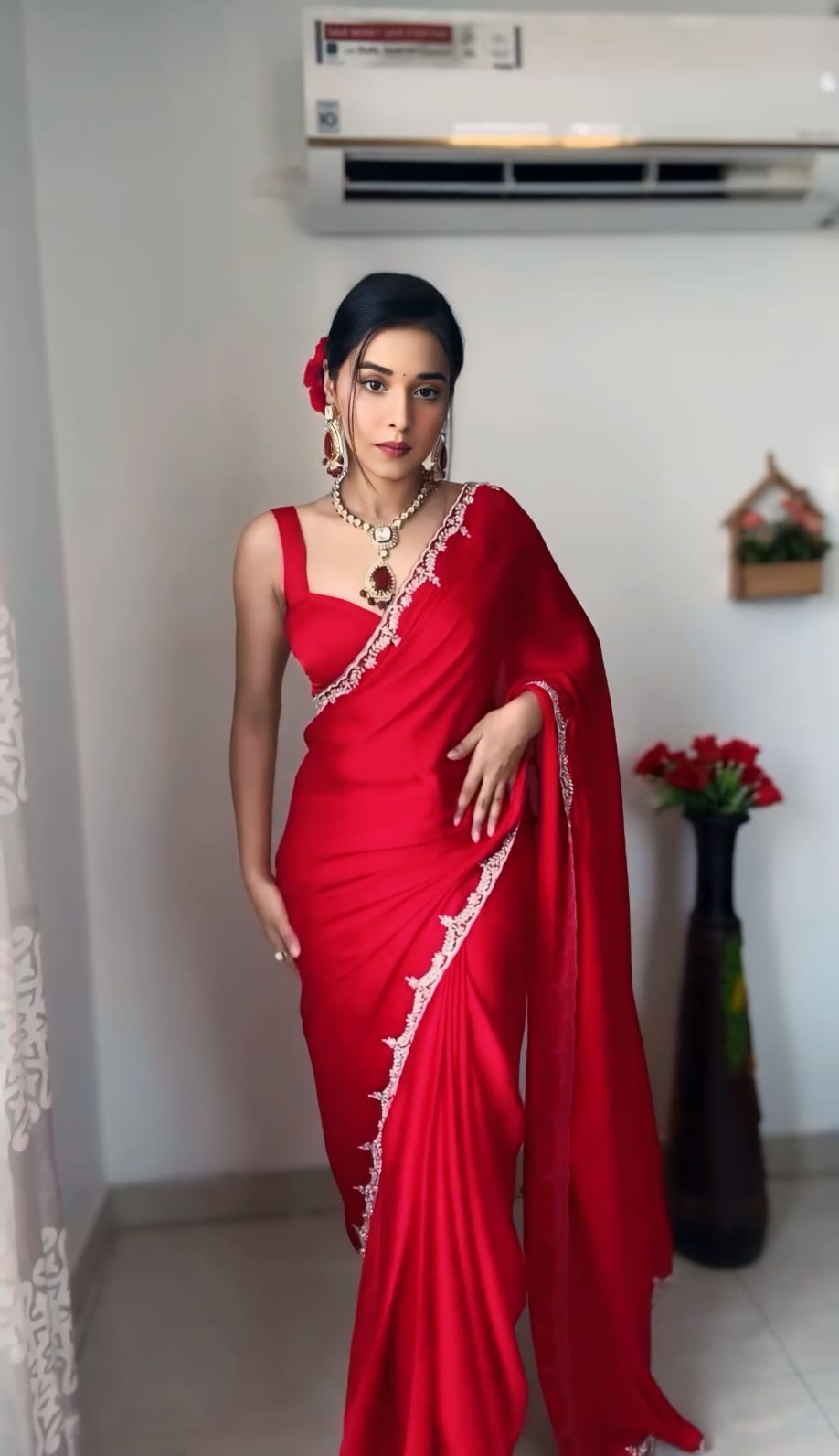 One Minute Ready To Wear Classic Graceful Elegance Red Saree With Stitch Blouse