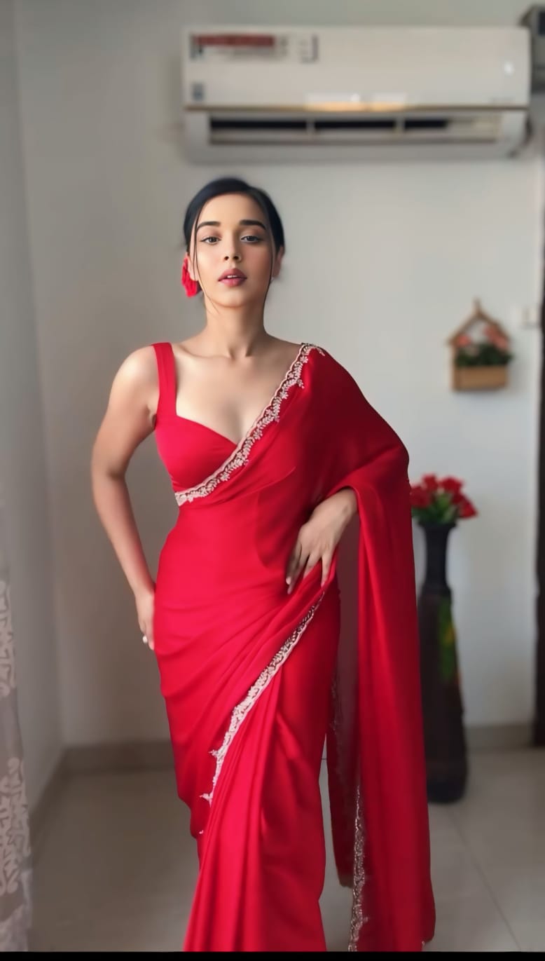 One Minute Ready To Wear Classic Graceful Elegance Red Saree With Stitch Blouse
