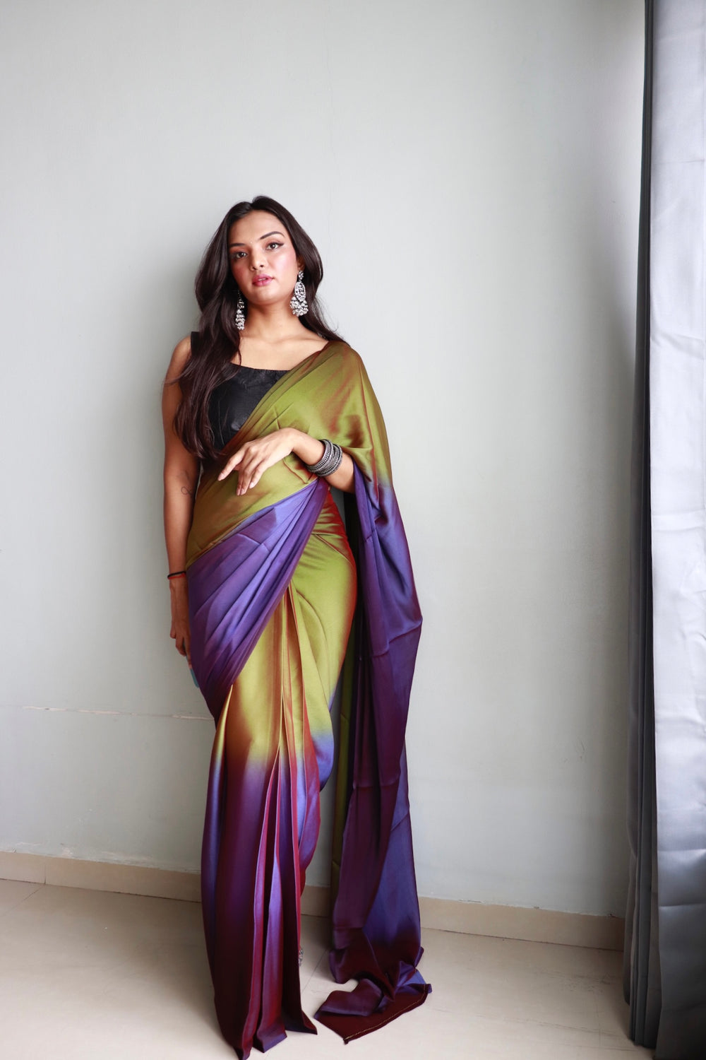 One Minute Ready To Wear Purple & Green Chiffon Silk Saree