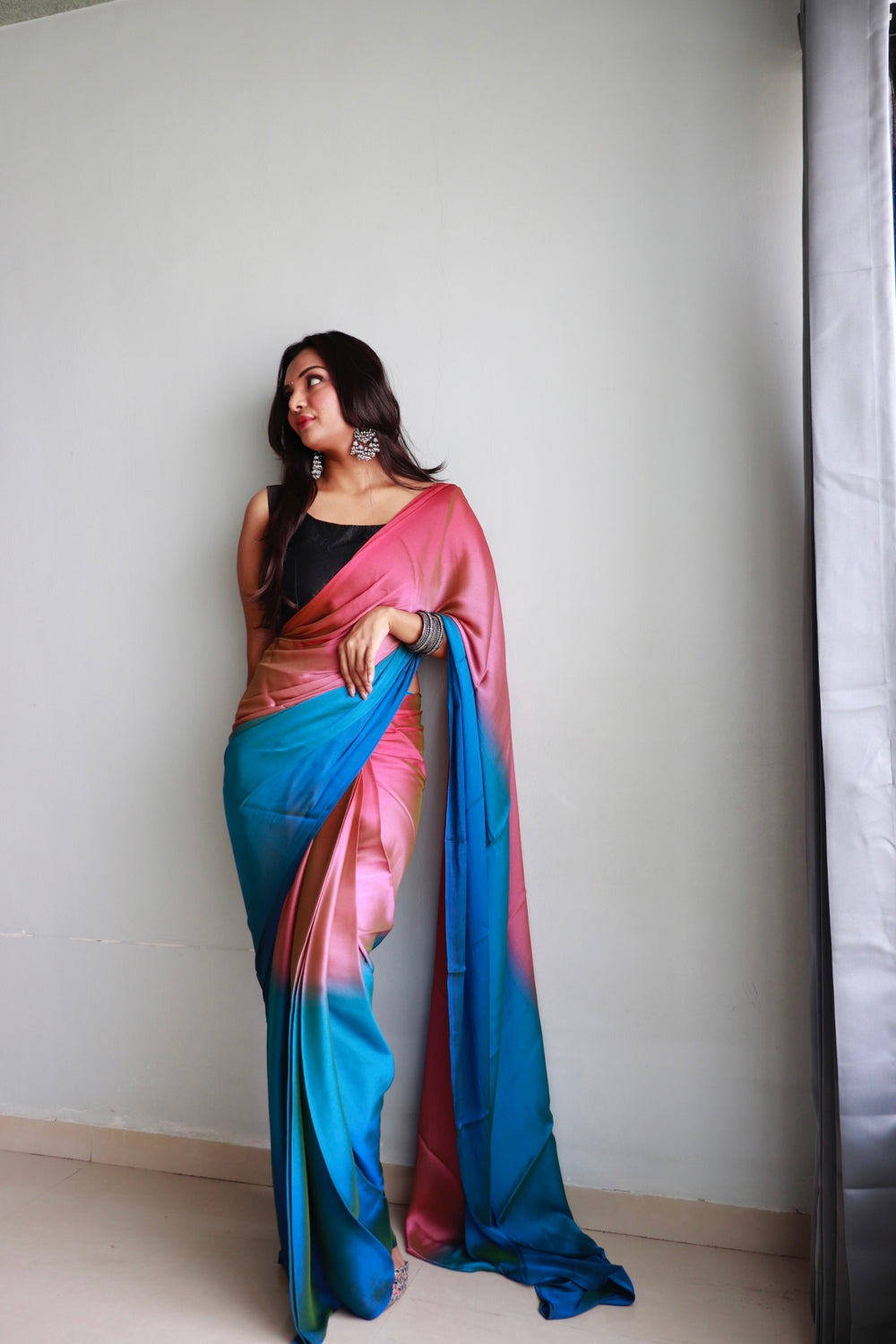 One Minute Ready To Wear Blue & Pink Chiffon Silk Saree