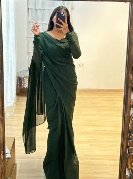 One Minute Ready To Wear Women's Party Green Plain Georgette Saree