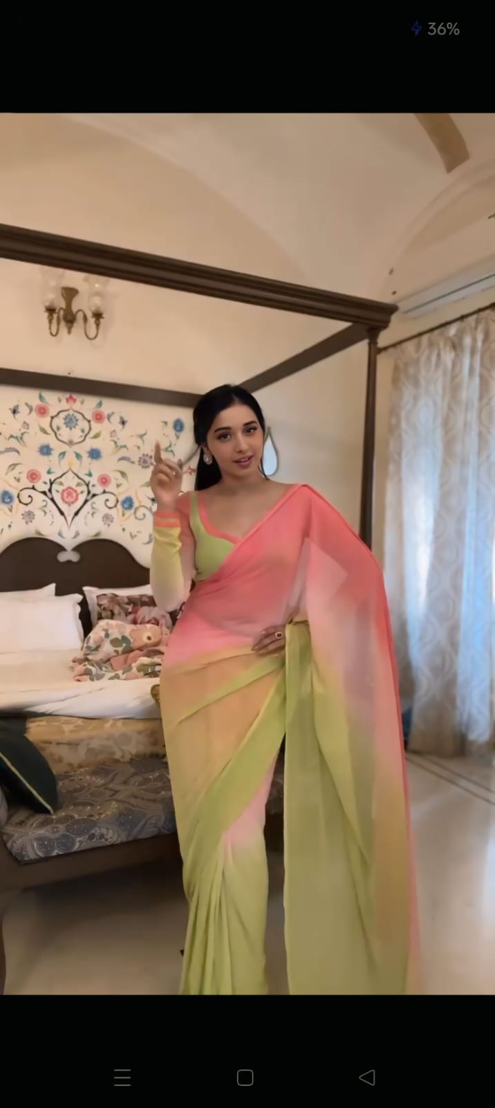 One Minute Ready To Wear Bollywood Blossom Graceful Pink and Green Ensemble Saree with Unstitch Blouse