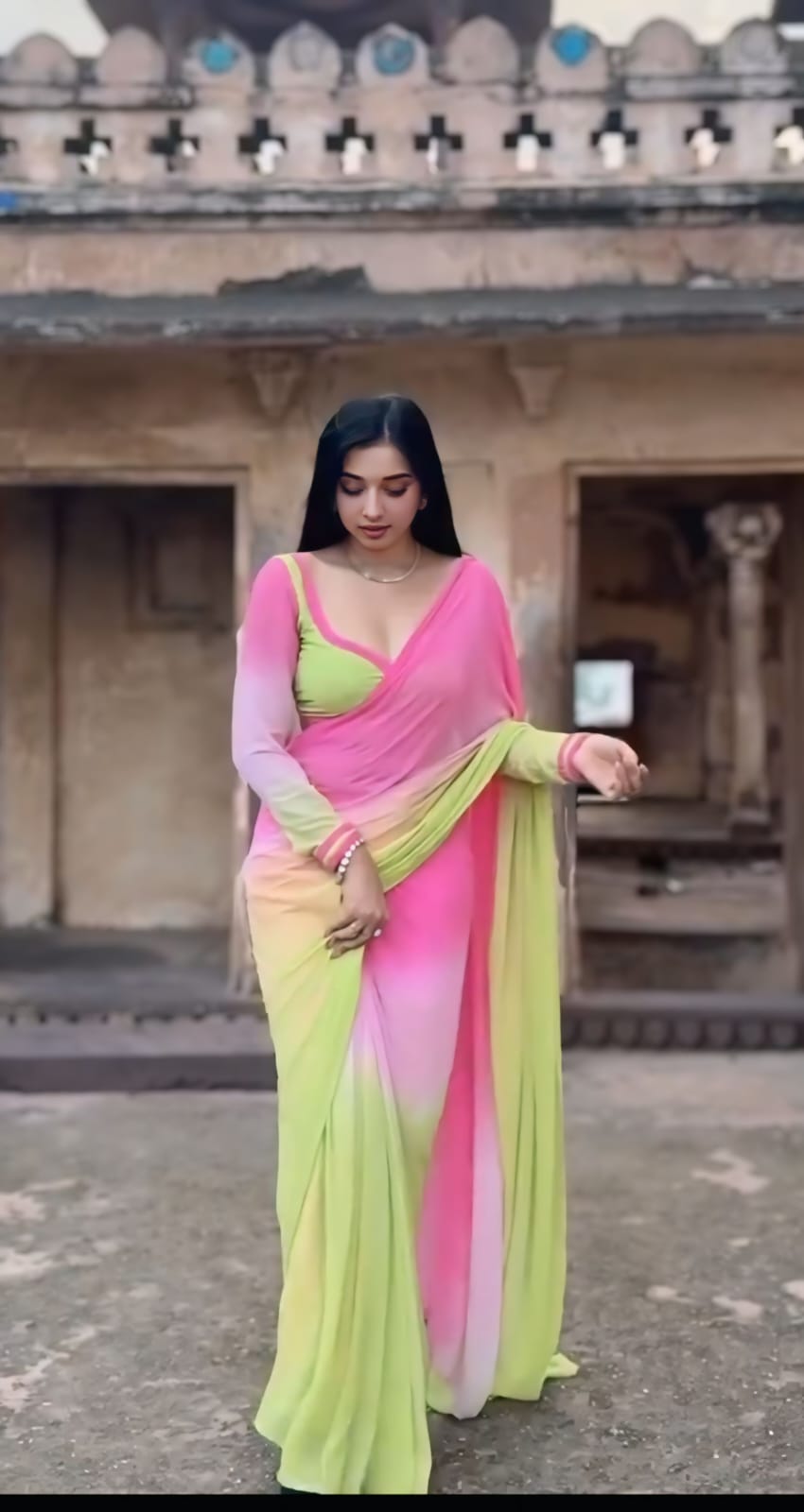 One Minute Ready To Wear Bollywood Blossom Graceful Pink and Green Ensemble Saree with Unstitch Blouse