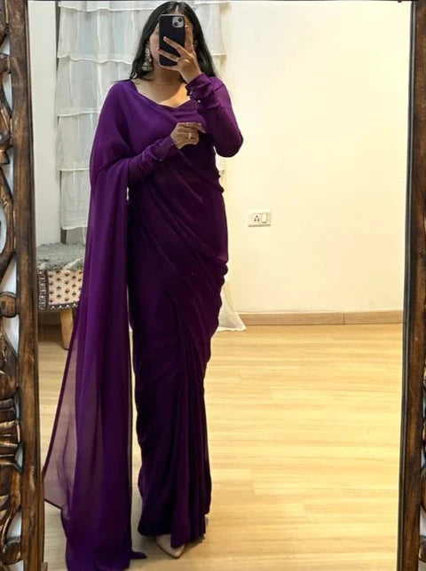 One Minute Ready To Wear Women's Party Purple Plain Georgette Saree