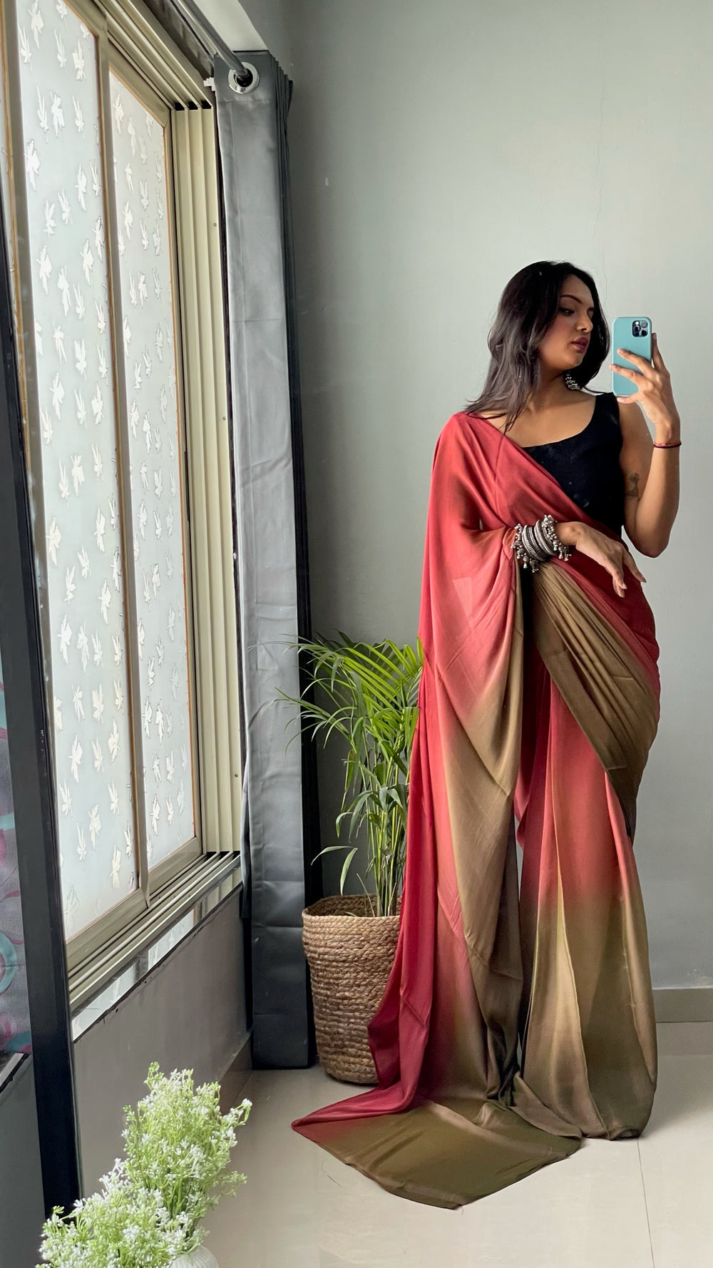 One Minute Ready To Wear Red Gradient Chiffon Silk Saree