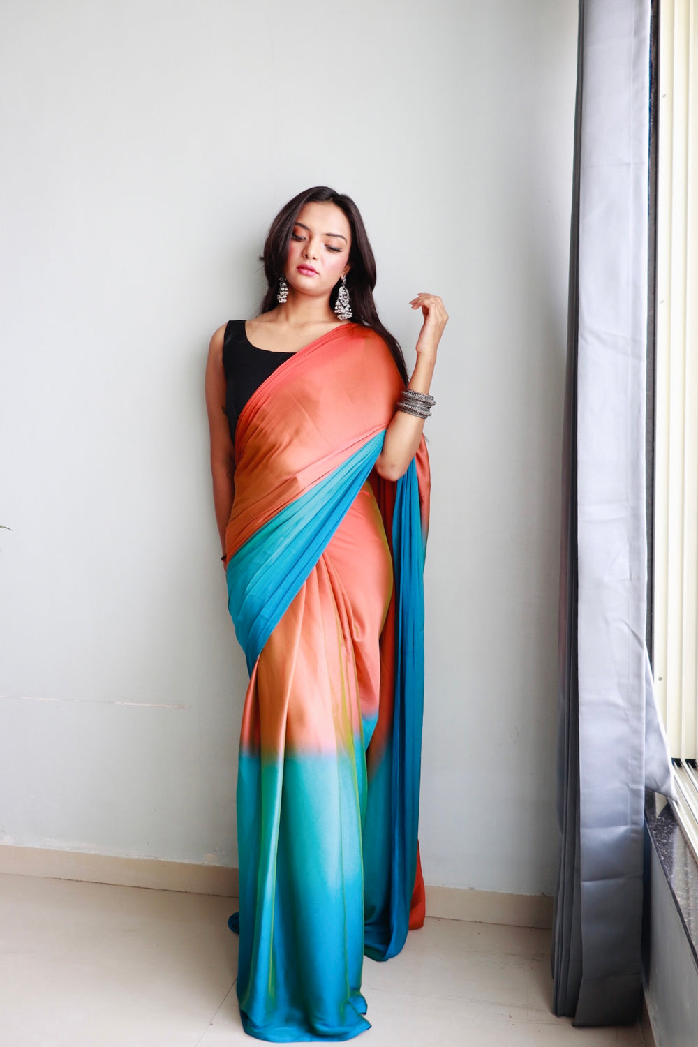 One Minute Ready To Wear Orange & Blue Chiffon Silk Saree