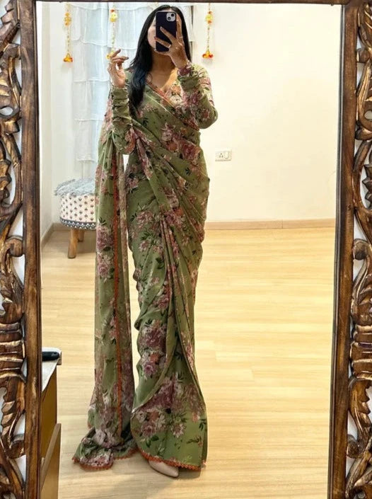 One Minute Ready To Wear Floral Beauty Mahendi Saree