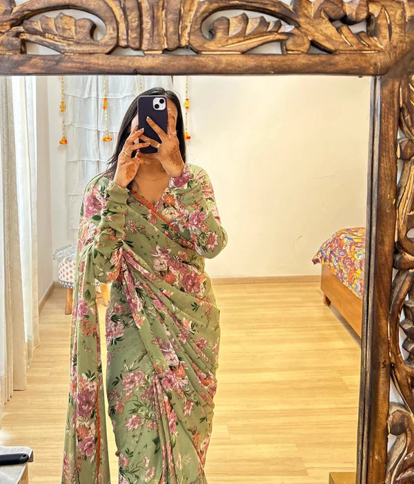 One Minute Ready To Wear Floral Beauty Mahendi Saree